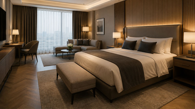 Camera d'albergo moderna caratterizzata da un letto king-size con testata imbottita e illuminazione a LED integrata