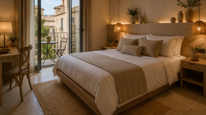 Camera da letto in stile mediterraneo con toni neutri e una vista sul balcone