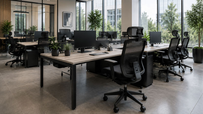 Ufficio che presenta delle sedie moderne con design ergonomico, schienale in rete nera e supporto lombare regolabile