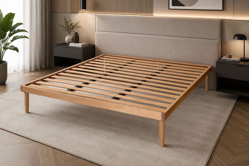 Rete matrimoniale a doghe in legno naturale, con un design minimalista con gambe affusolate e struttura rinforzata