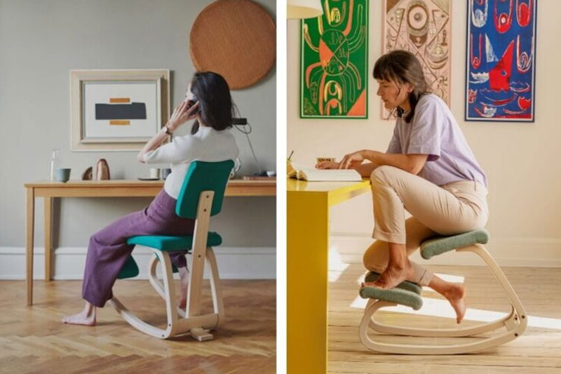 Sedia ergonomica in legno con cuscini per ginocchia disegnata dal designer norvegese Peter Opsvik