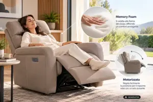 Poltrona relax elettrica e motorizzata dotata di memory foam, funzioni di massaggio e riscaldamento